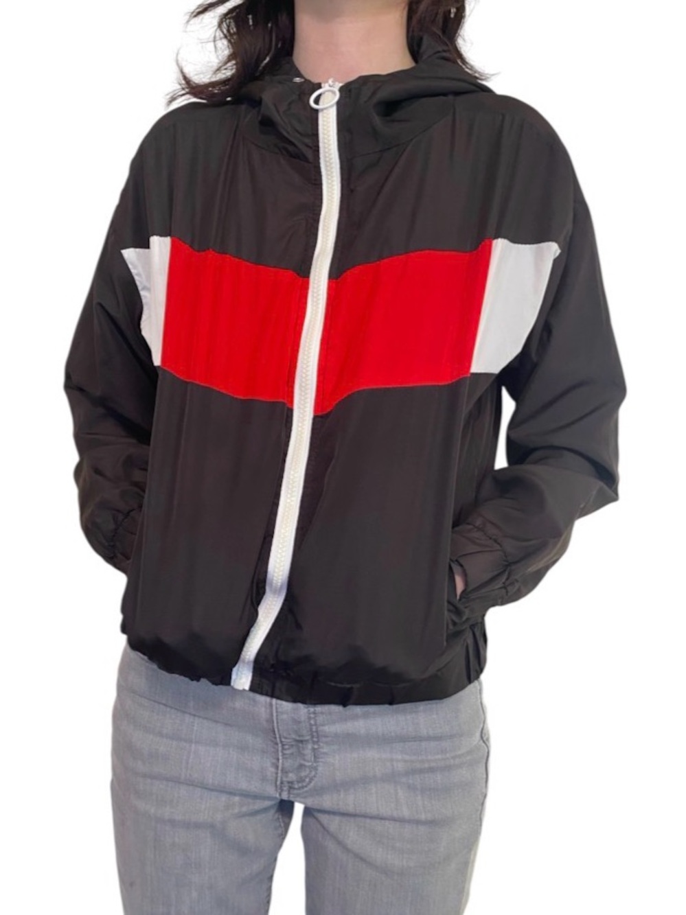 Justify Black Hooded Windbreaker with Red & White Chest Stripe size small 90s
